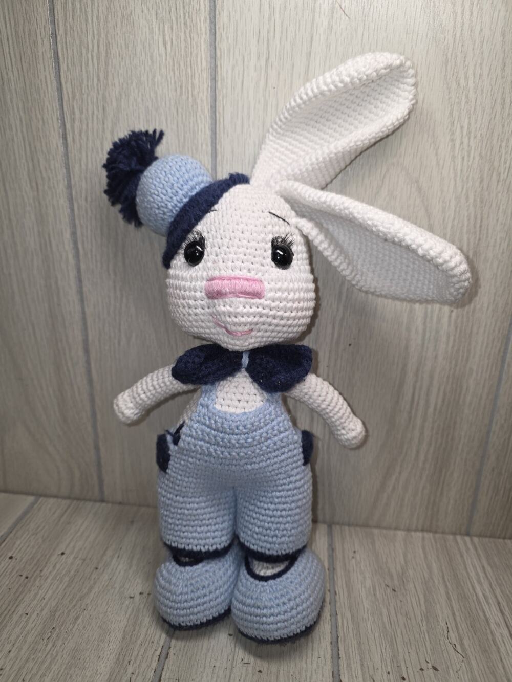 Crocheted Rabbit In Overalls Bow Tie Hat Easter Bunny Spring Kitsch Handcrafted